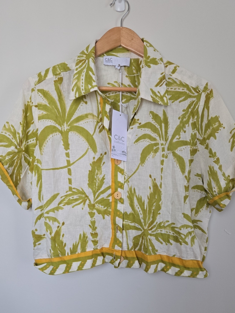 C&C California Olive Palm-Print Short-Sleeve Button-Up